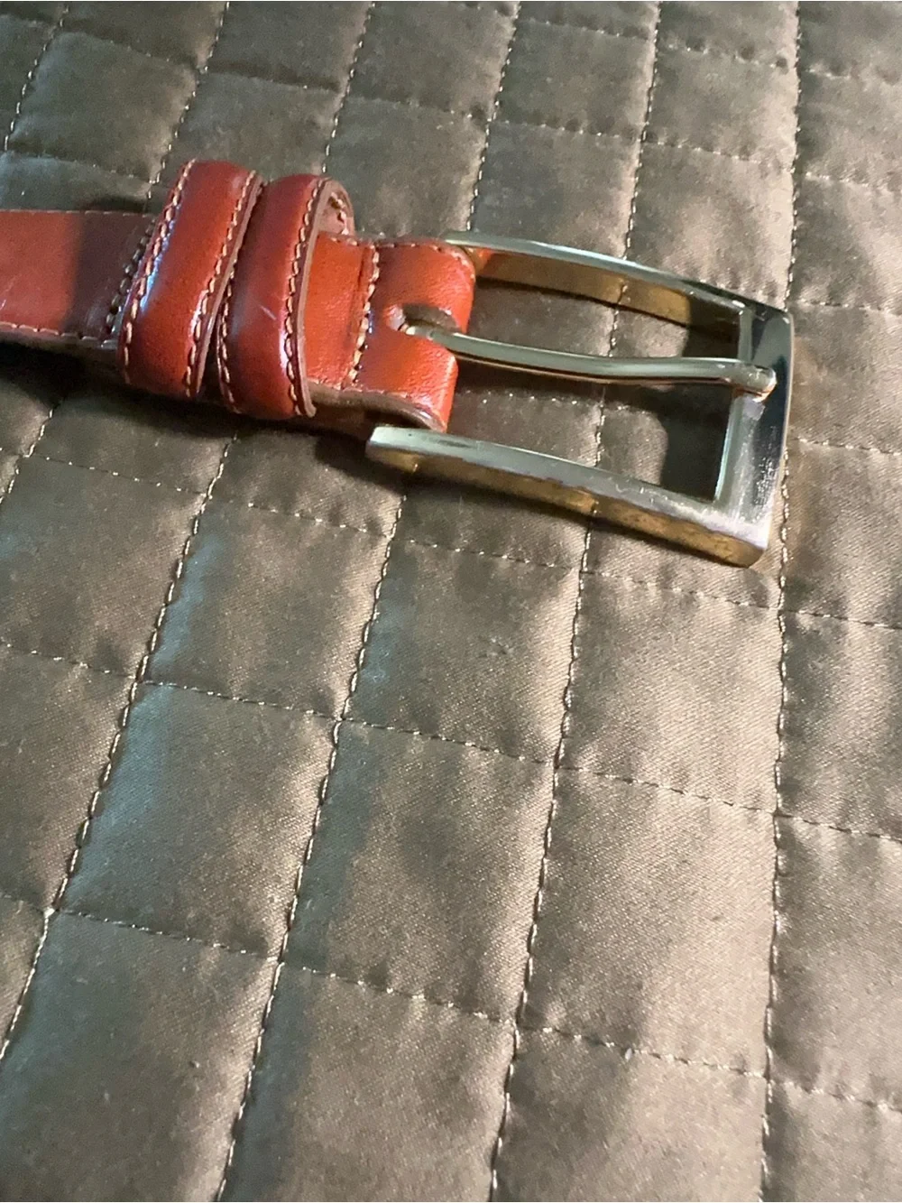 Vintage Leather Cognac XXL Belt Polished Gold Square Buckle Stitched Edges